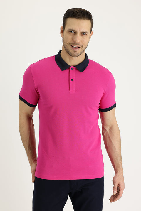 Fuşya Polo Yaka Slim Fit Dar Kesim Desenli Pamuk Tişört