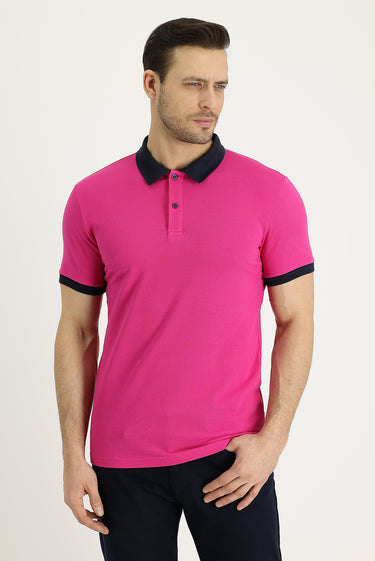 Fuşya Polo Yaka Slim Fit Dar Kesim Desenli Pamuk Tişört