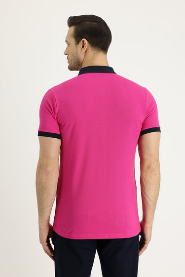 Fuşya Polo Yaka Slim Fit Dar Kesim Desenli Pamuk Tişört