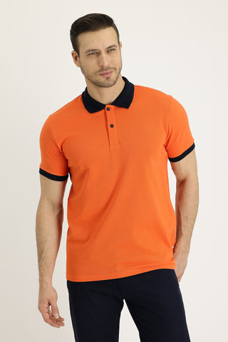  Orta Turuncu Polo Yaka Slim Fit Dar Kesim Desenli Pamuk Tişört