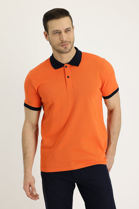 Orta Turuncu Polo Yaka Slim Fit Dar Kesim Desenli Pamuk Tişört