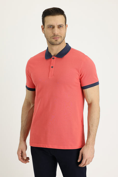 Koyu Nar Çiçeği Polo Yaka Slim Fit Dar Kesim Desenli Pamuk Tişört
