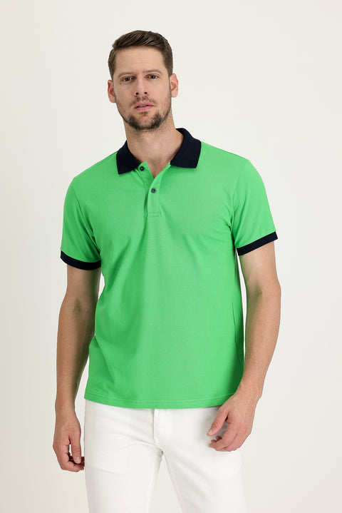 Light Green Polo Collar Slim Fit Narrow Cut Patterned Cotton T-shirt