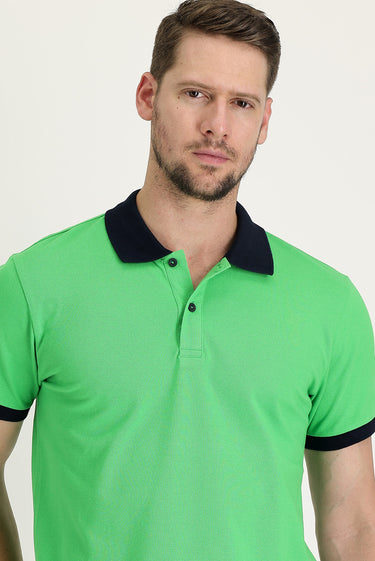 Çağla Yeşili Polo Yaka Slim Fit Dar Kesim Desenli Pamuk Tişört