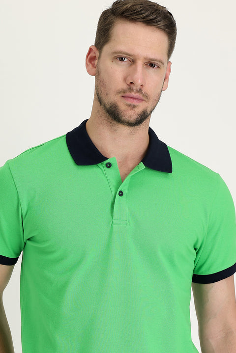 Light Green Polo Collar Slim Fit Narrow Cut Patterned Cotton T-shirt