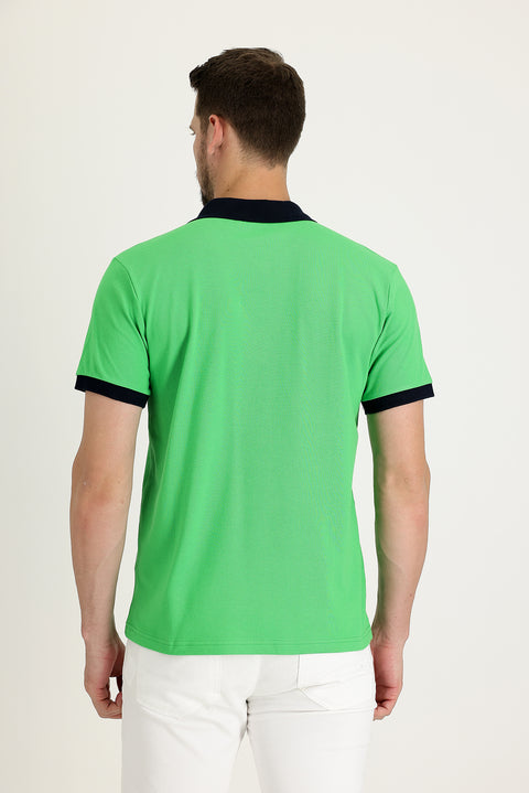 Light Green Polo Collar Slim Fit Narrow Cut Patterned Cotton T-shirt