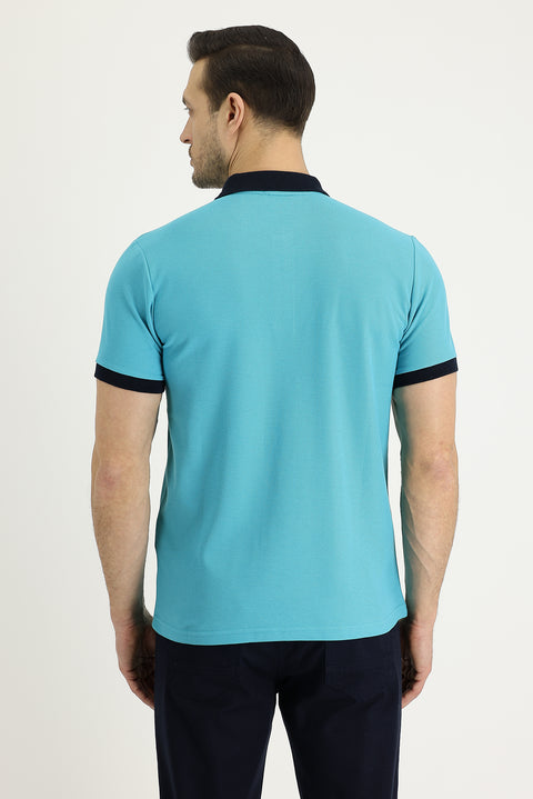 Zümrüt Yeşili Polo Yaka Slim Fit Dar Kesim Desenli Pamuk Tişört