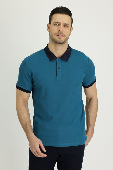 Emerald Green Melange Polo Collar Slim Fit Narrow Cut Patterned Cotton T-shirt