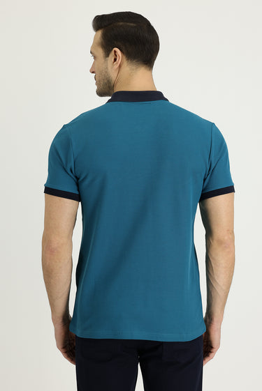 Zümrüt Yeşili Melanj Polo Yaka Slim Fit Dar Kesim Desenli Pamuk Tişört