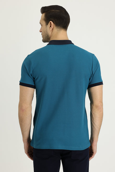 Emerald Green Melange Polo Collar Slim Fit Narrow Cut Patterned Cotton T-shirt