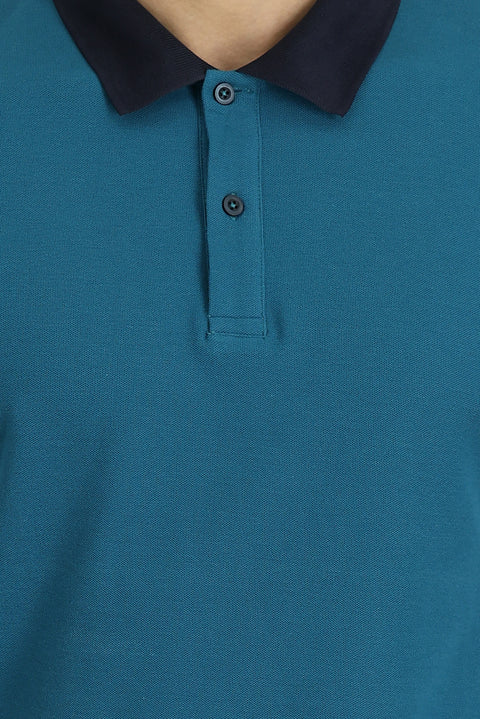 Emerald Green Melange Polo Collar Slim Fit Narrow Cut Patterned Cotton T-shirt