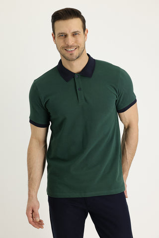  Koyu Yeşil Polo Yaka Slim Fit Dar Kesim Desenli Pamuk Tişört
