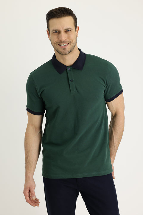 Koyu Yeşil Polo Yaka Slim Fit Dar Kesim Desenli Pamuk Tişört