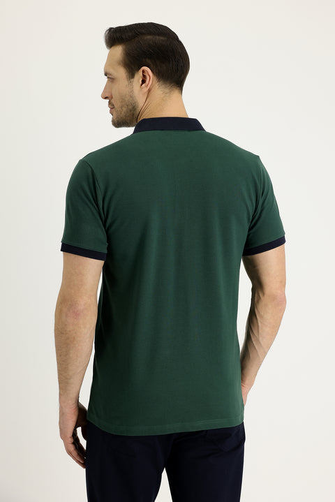 Koyu Yeşil Polo Yaka Slim Fit Dar Kesim Desenli Pamuk Tişört