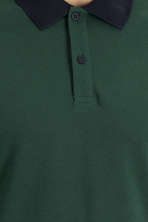 Koyu Yeşil Polo Yaka Slim Fit Dar Kesim Desenli Pamuk Tişört