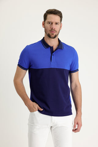 Saks Mavi Polo Yaka Slim Fit Dar Kesim Desenli Pamuk Tişört