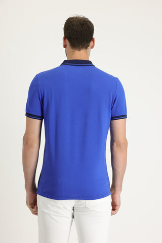  Saks Mavi Polo Yaka Slim Fit Dar Kesim Desenli Pamuk Tişört