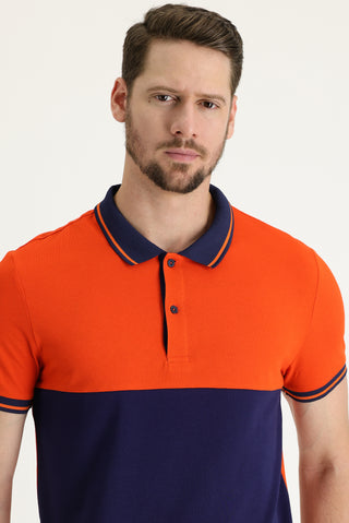  Orta Turuncu Polo Yaka Slim Fit Dar Kesim Desenli Pamuk Tişört