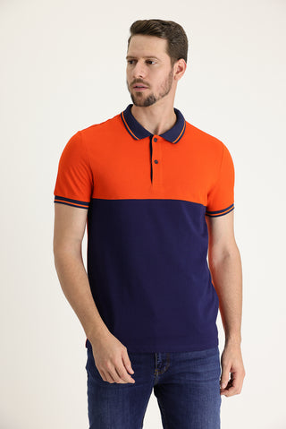  Orta Turuncu Polo Yaka Slim Fit Dar Kesim Desenli Pamuk Tişört