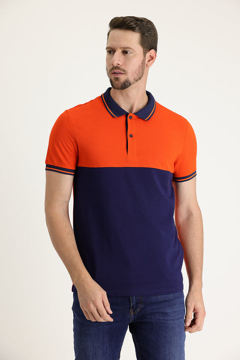 Orta Turuncu Polo Yaka Slim Fit Dar Kesim Desenli Pamuk Tişört