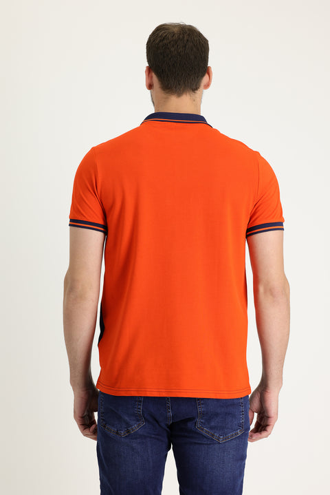 Orta Turuncu Polo Yaka Slim Fit Dar Kesim Desenli Pamuk Tişört
