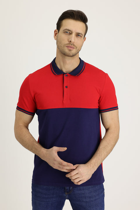 Koyu Kırmızı Polo Yaka Slim Fit Dar Kesim Desenli Pamuk Tişört