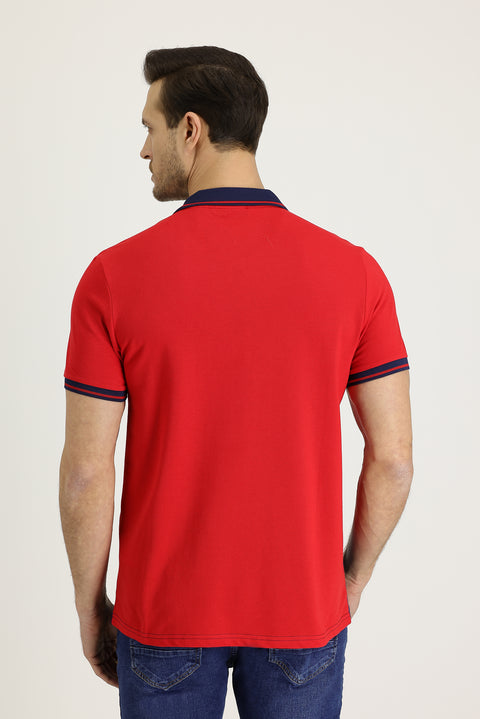 Koyu Kırmızı Polo Yaka Slim Fit Dar Kesim Desenli Pamuk Tişört