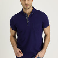 Orta Lacivert Polo Yaka Slim Fit Dar Kesim Desenli Pamuk Tişört