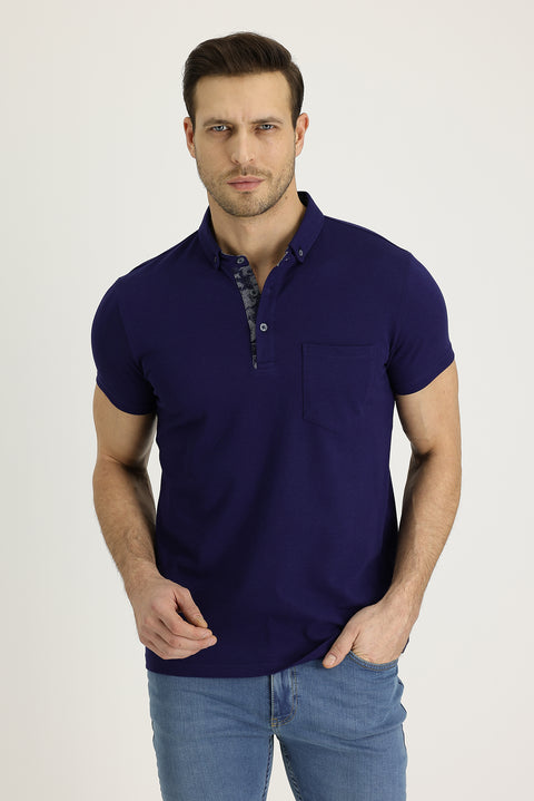 Orta Lacivert Polo Yaka Slim Fit Dar Kesim Desenli Pamuk Tişört