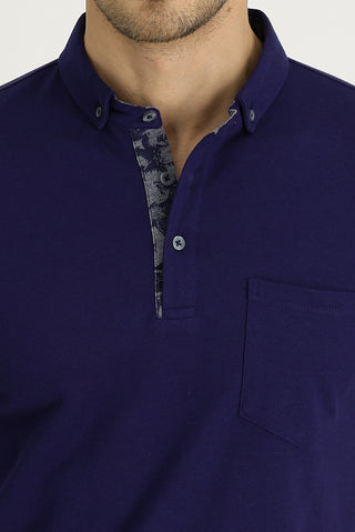  Orta Lacivert Polo Yaka Slim Fit Dar Kesim Desenli Pamuk Tişört