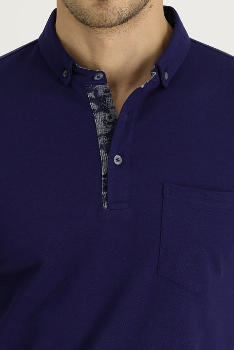 Orta Lacivert Polo Yaka Slim Fit Dar Kesim Desenli Pamuk Tişört
