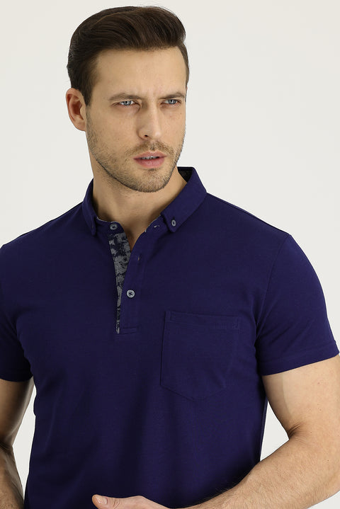Orta Lacivert Polo Yaka Slim Fit Dar Kesim Desenli Pamuk Tişört