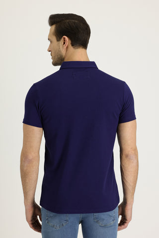  Orta Lacivert Polo Yaka Slim Fit Dar Kesim Desenli Pamuk Tişört