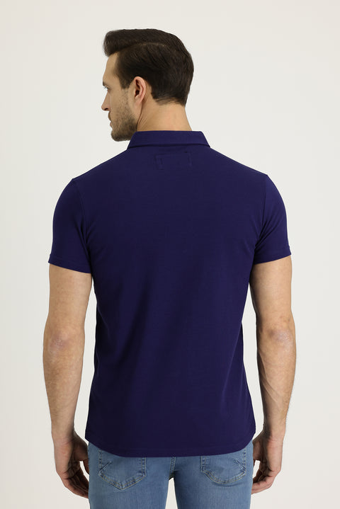 Orta Lacivert Polo Yaka Slim Fit Dar Kesim Desenli Pamuk Tişört