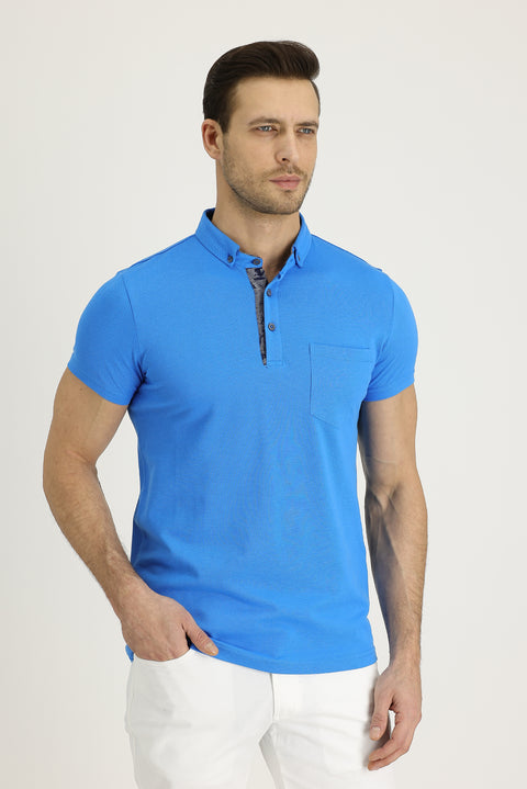 Mavi Polo Yaka Slim Fit Dar Kesim Desenli Pamuk Tişört