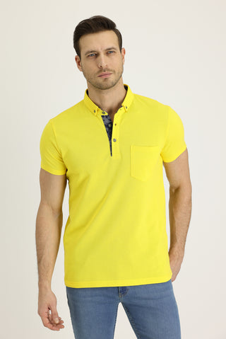  Koyu Sarı Polo Yaka Slim Fit Dar Kesim Desenli Tişört