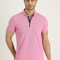 Toz Pembe Polo Yaka Slim Fit Dar Kesim Desenli Pamuk Tişört
