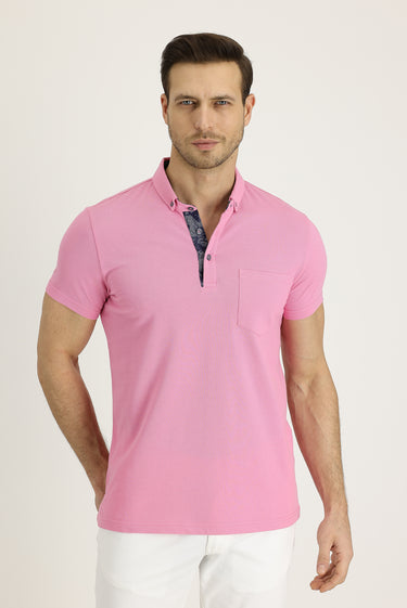 Toz Pembe Polo Yaka Slim Fit Dar Kesim Desenli Pamuk Tişört