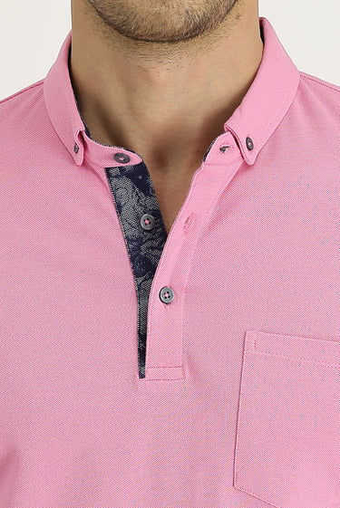 Toz Pembe Polo Yaka Slim Fit Dar Kesim Desenli Pamuk Tişört