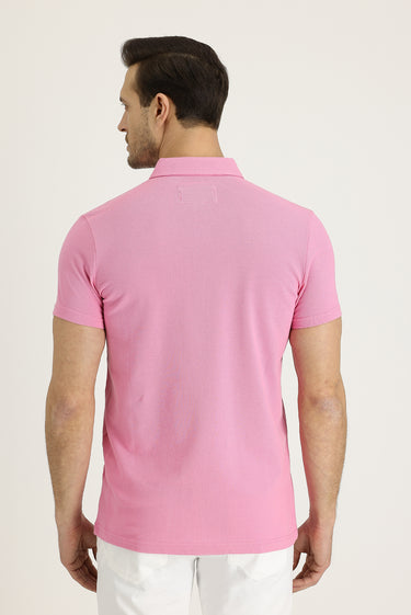 Toz Pembe Polo Yaka Slim Fit Dar Kesim Desenli Pamuk Tişört