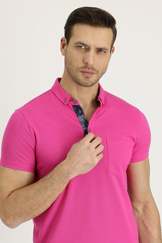  Fuşya Polo Yaka Slim Fit Dar Kesim Desenli Pamuk Tişört