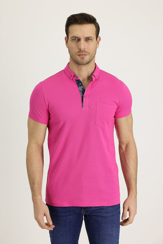  Fuşya Polo Yaka Slim Fit Dar Kesim Desenli Pamuk Tişört
