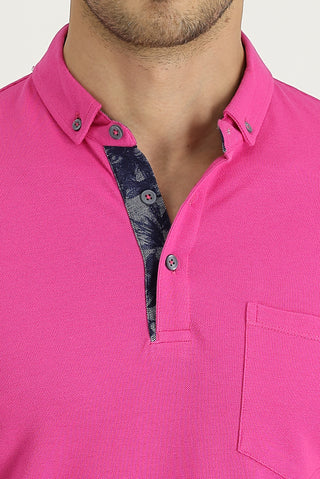  Fuşya Polo Yaka Slim Fit Dar Kesim Desenli Pamuk Tişört