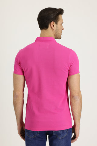  Fuşya Polo Yaka Slim Fit Dar Kesim Desenli Pamuk Tişört