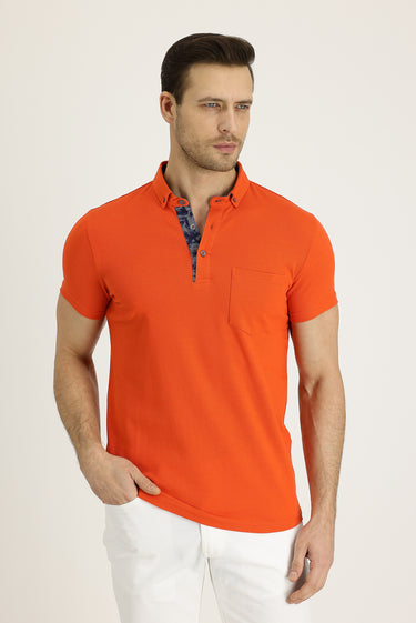  Kiremit Polo Yaka Slim Fit Dar Kesim Desenli Pamuk Tişört
