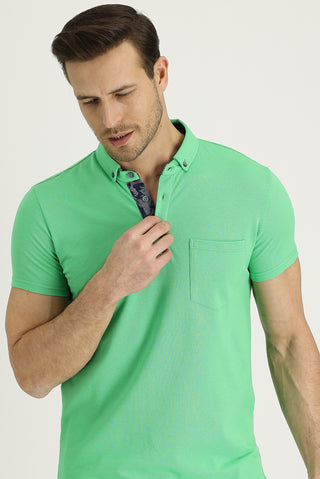  Çağla Yeşili Polo Yaka Slim Fit Dar Kesim Desenli Pamuk Tişört