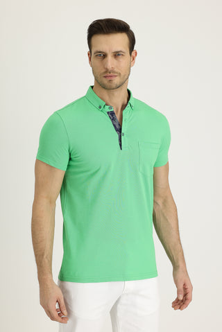  Çağla Yeşili Polo Yaka Slim Fit Dar Kesim Desenli Pamuk Tişört
