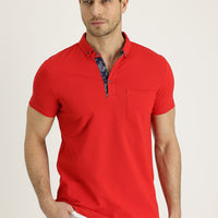 Açık Kırmızı Polo Yaka Slim Fit Dar Kesim Desenli Pamuk Tişört