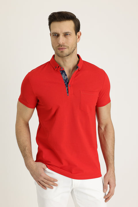 Açık Kırmızı Polo Yaka Slim Fit Dar Kesim Desenli Pamuk Tişört