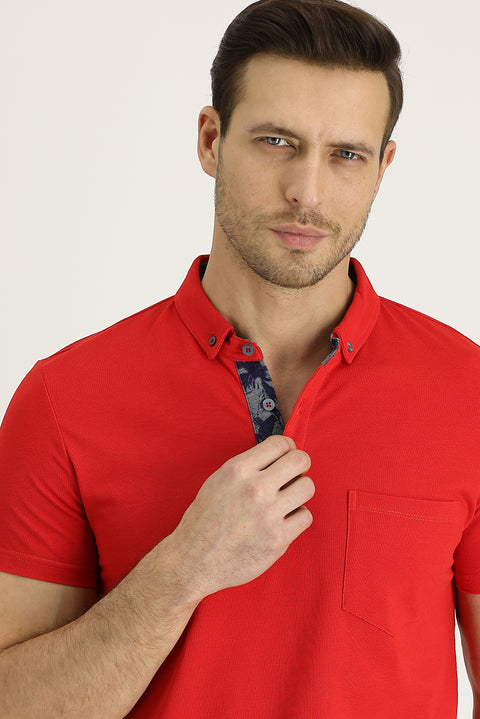 Açık Kırmızı Polo Yaka Slim Fit Dar Kesim Desenli Pamuk Tişört